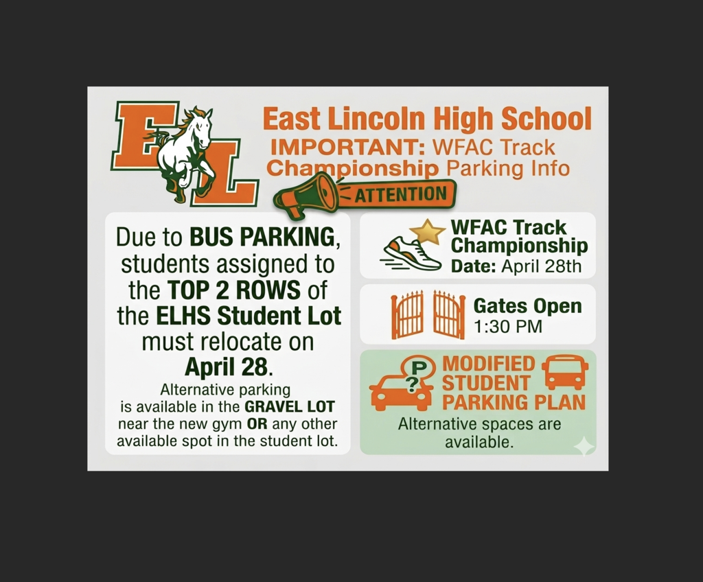 Informational poster with a horse and megaphone logo. Text highlights parking changes for the track championship on April 28.