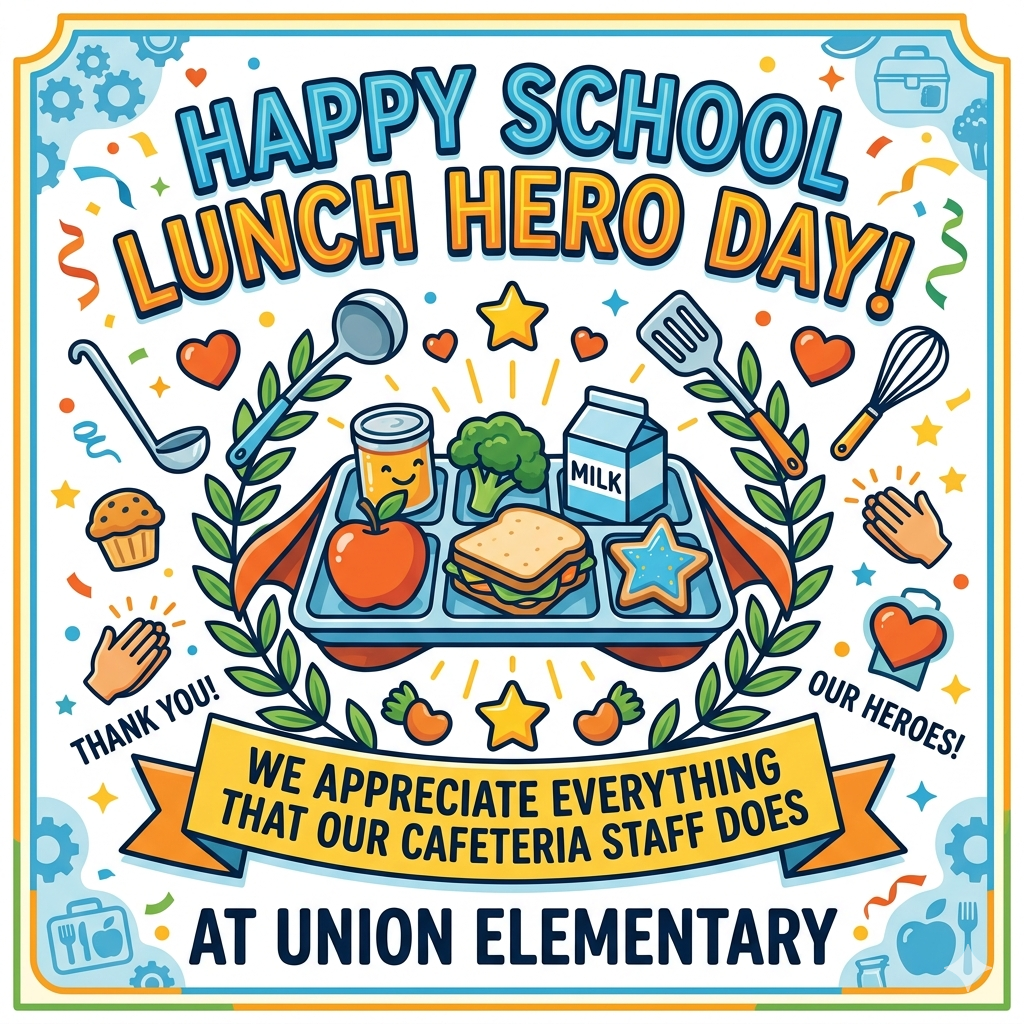 A graphic with a lunch tray featuring a sandwich, apple, milk carton, and vegetables. Icons of a whisk, whisk, ladle, spatula, and cupcake. Banner reads, "Happy School Lunch Hero Day!"