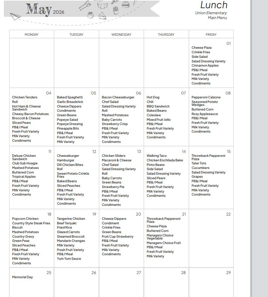 A calendar for May 2024 is displayed, with various lunch options listed for each day. The background is white.
