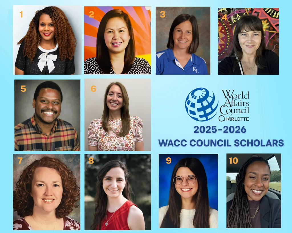 Collage of 10 individuals, each in a square frame, titled "WACC COUNCIL SCHOLARS 2025-2026". Background is blue.
