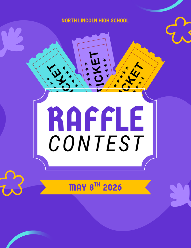 Purple background with text "Raffle Contest" and four tickets. Below it is a date, "May 8th 2026".