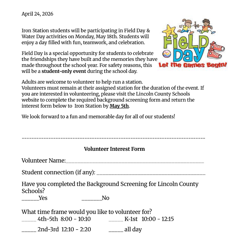 A page with a header "Volunteer Interest Form" and blank fields for volunteer details. The bottom of the page has a schedule for Field Day activities.