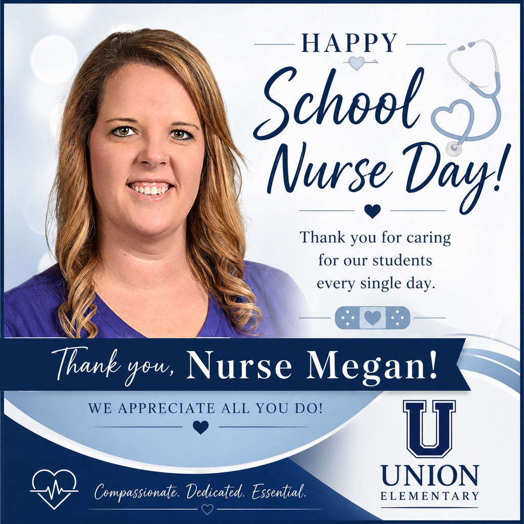 A smiling woman, identified as Nurse Megan, on a blue background. Text reads: "Happy School Nurse Day!"