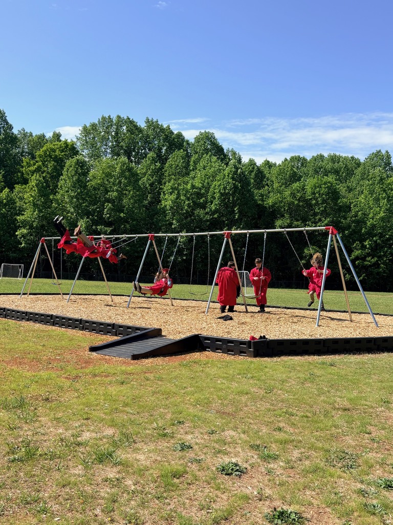 Playground with swings and slide, surrounded by trees and grass, with children wearing red outfits.