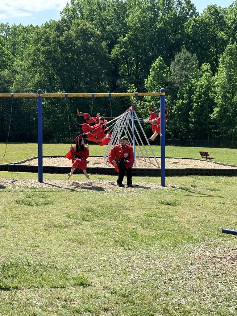 Several people in red are on a swing set in a grassy area. Trees are in the background.