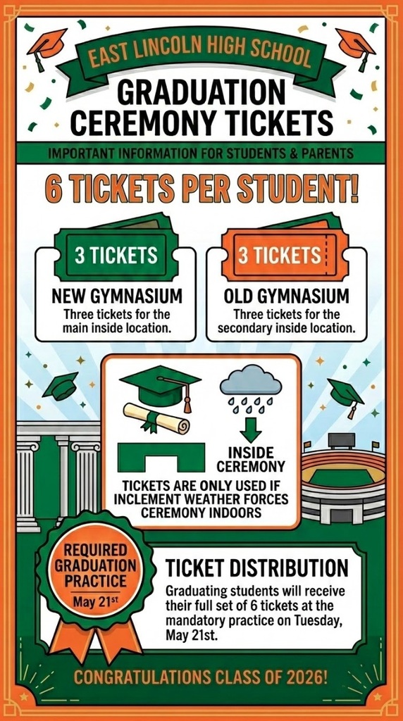 A poster provides information about East Lincoln High School's graduation ceremony ticket distribution. It shows six tickets per student, three for the main and three for the secondary location.