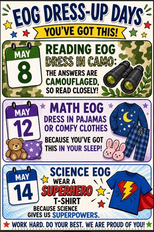 A colorful poster displays three themed days for students to dress up. It includes Reading Egg in camouflage, Math Egg in pajamas, and Science Egg as a superhero.