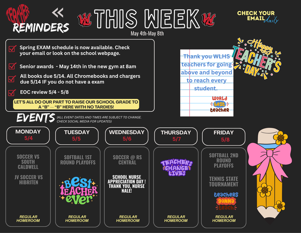 Flyer for West Lincoln High School titled THIS WEEK for May 4th through May 8th. The flyer has a black background with red and white accents and features several Teacher Appreciation graphics including a pencil with a pink bow and various "Happy Teacher's Day" stickers.  REMINDERS:  Spring EXAM schedule is now available. Check your email or look on the school webpage.  Senior awards - May 14th in the new gym at 8am.  All books due 5/14. All Chromebooks and chargers due 5/14 IF you do not have an exam.  EOC review 5/4 - 5/8.  Text box: LET’S ALL DO OUR PART TO RAISE OUR SCHOOL GRADE TO A “B” — “B” HERE WITH NO TARDIES!  TEACHER APPRECIATION SECTION:  Graphic of lined paper: Thank you WLHS teachers for going above and beyond to reach every student. World's best teacher.  Decorative text: Happy Teacher's Day.  EVENTS: (All event dates and times are subject to change. Check social media for updates)  Monday 5/4: Soccer vs South Caldwell, JV Soccer vs Hibriten. Regular Homeroom.  Tuesday 5/5: Softball 1st Round Playoffs. Graphic: best TEACHER ever. Regular Homeroom.  Wednesday 5/6: Soccer @ RS Central. SCHOOL NURSE APPRECIATION DAY! THANK YOU, NURSE NALE! Regular Homeroom.  Thursday 5/7: Graphic: TEACHERS CHANGE LIVES. Regular Homeroom.  Friday 5/8: Softball 2nd Round Playoffs, Tennis State Tournament. Graphic: teachers gonna teach. Regular Homeroom.
