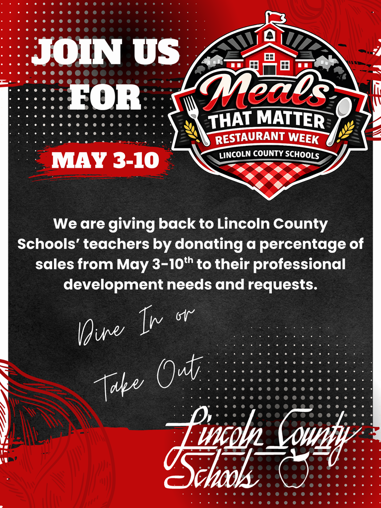 Poster with "Join Us for Meals That Matter" headline. Features a red barn logo and text about donating to Lincoln County Schools' teachers.