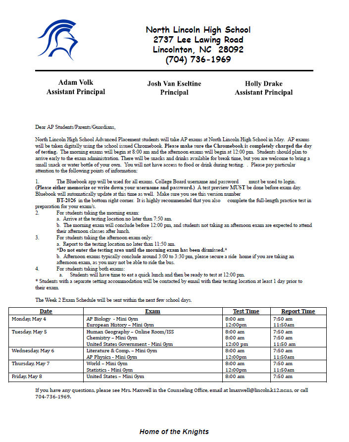 Document with text detailing school events and exam schedules, including dates, exam names, and times. Blue and white logo at top left, "Home of the Knights" at bottom.