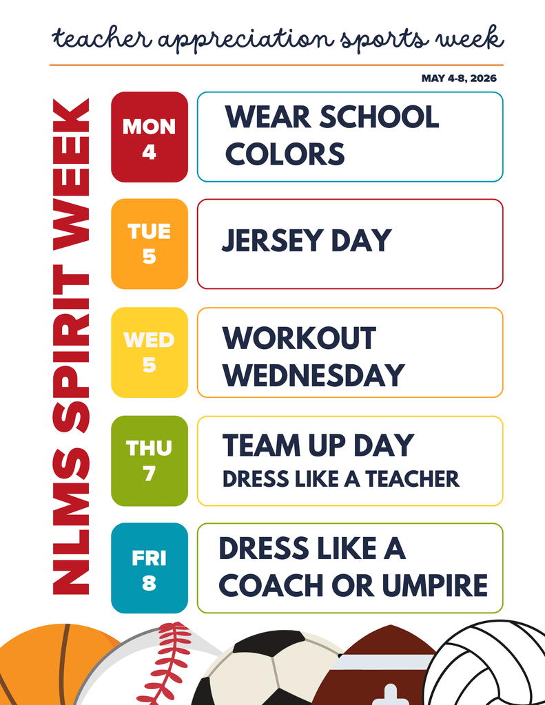 Poster with a calendar for Teacher Appreciation Sports Week from May 4-8, 2026. Various sports balls are in the foreground.
