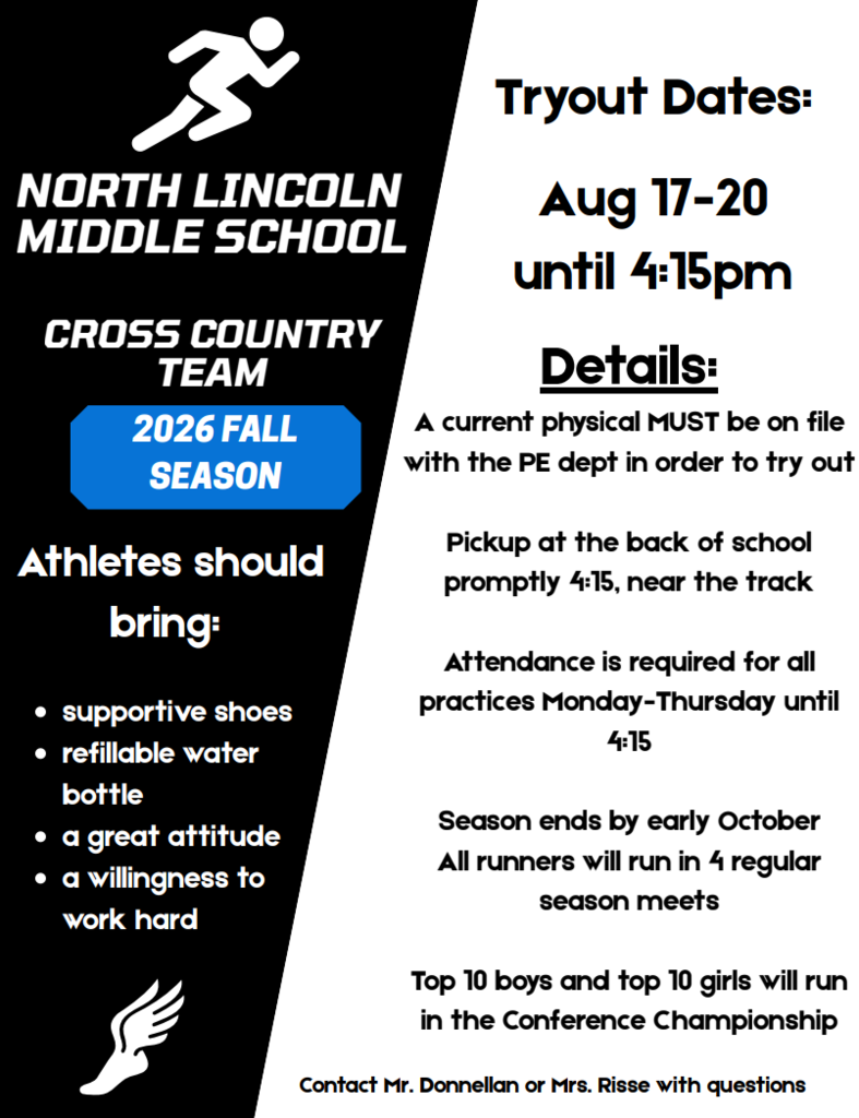 An event flyer for North Lincoln Middle School's 2026 fall cross country team. Details include dates, items to bring, and contact info.