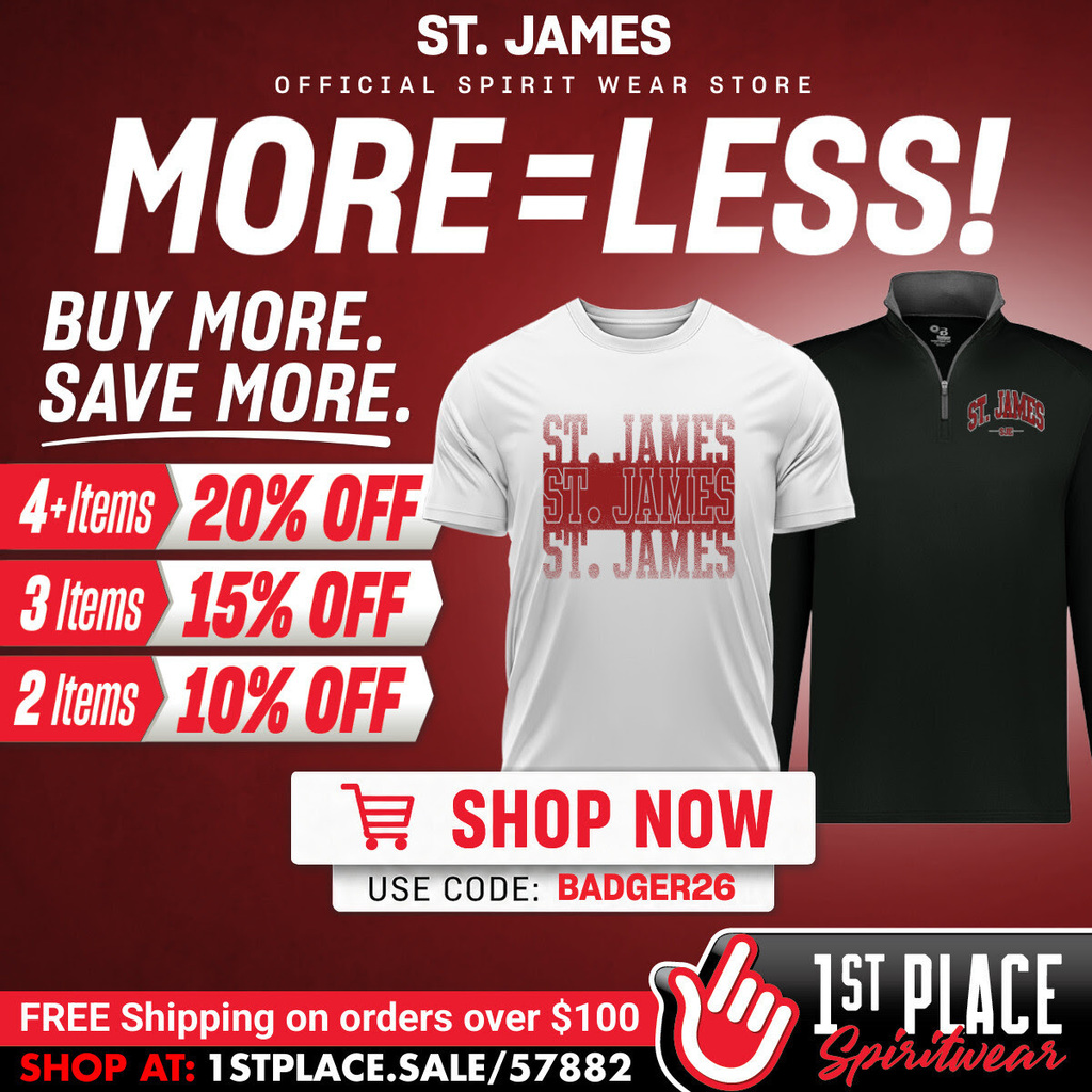Advertisement with a white T-shirt and black long-sleeve shirt on a red background. Text states "Buy More, Save More" with various discounts.