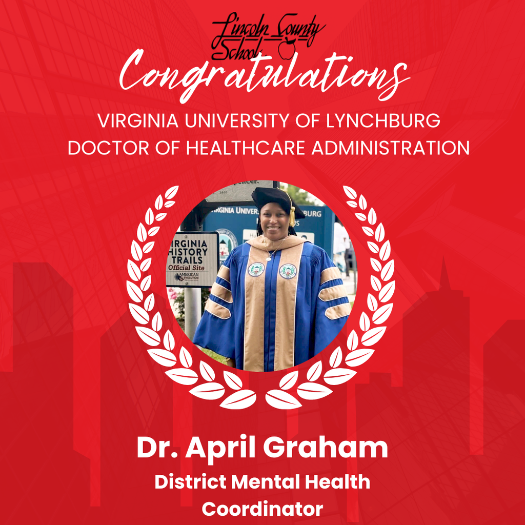 Red background with white text. A laurel wreath encircles a photo of a person in a blue and gold academic gown.