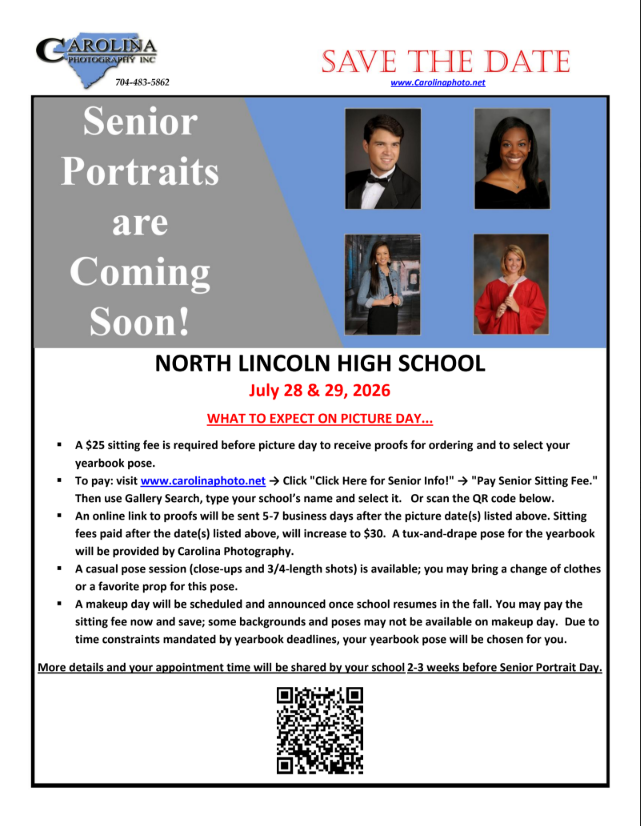 Document with four headshots, bold black text, and a QR code. It reads "Senior Portraits are Coming Soon! North Lincoln High School July 28 & 29, 2026." Email Ms. Burchfield for additional information!