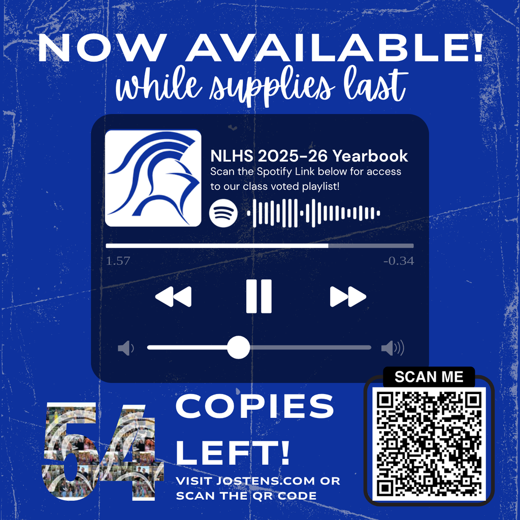 Advertisement for yearbooks. Shows a music player with a spotify logo. Includes QR code, "Scan Me" and "Visit Jostens.com or Scan the QR Code" text to order a yearbook for 2025-26. Only 54 copies left!