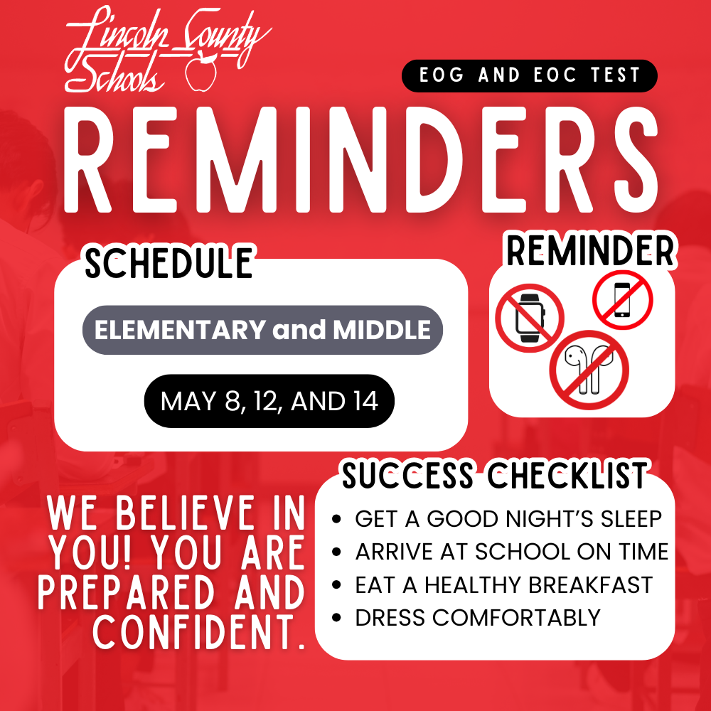 Poster with red background. Reminders include schedule for elementary and middle on May 8, 12, and 14.