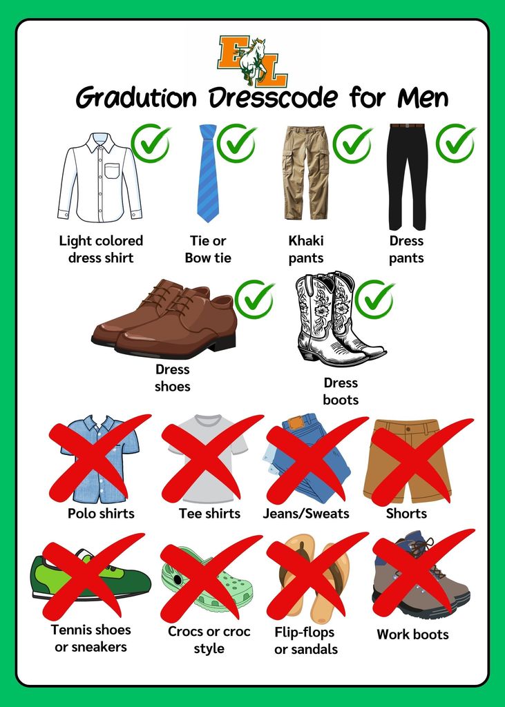 A guide shows what men should and should not wear at a graduation. Approved items include light-colored dress shirts, ties, khaki pants, and dress shoes. Unapproved items include polo shirts, tee shirts, jeans, shorts, and various types of shoes.