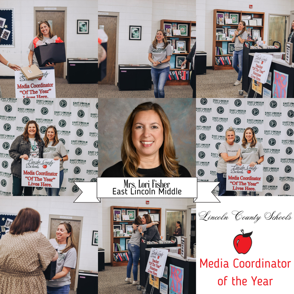 Collage featuring a smiling woman, Lori Fisher, in various scenes, including holding a sign. Background shows library settings with shelves, doors, and signs.