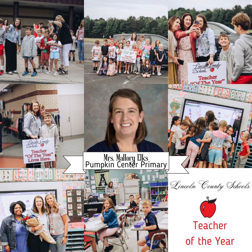 A collage of photos showing a smiling teacher, children, and classroom scenes with a label "Teacher of the Year."