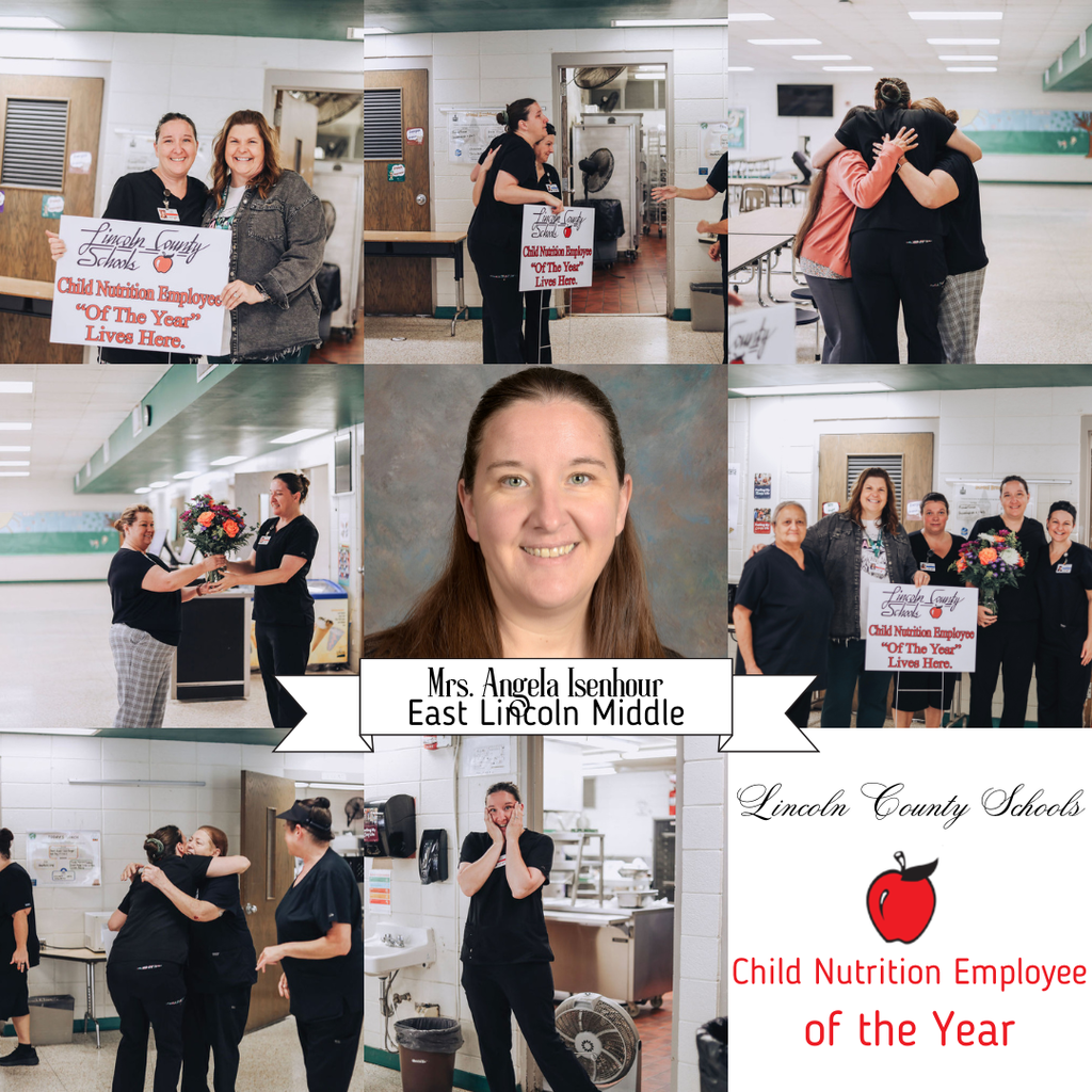 Collage featuring a smiling woman, with other women holding signs, and one presenting a bouquet. Text reads "Child Nutrition Employee of the Year."