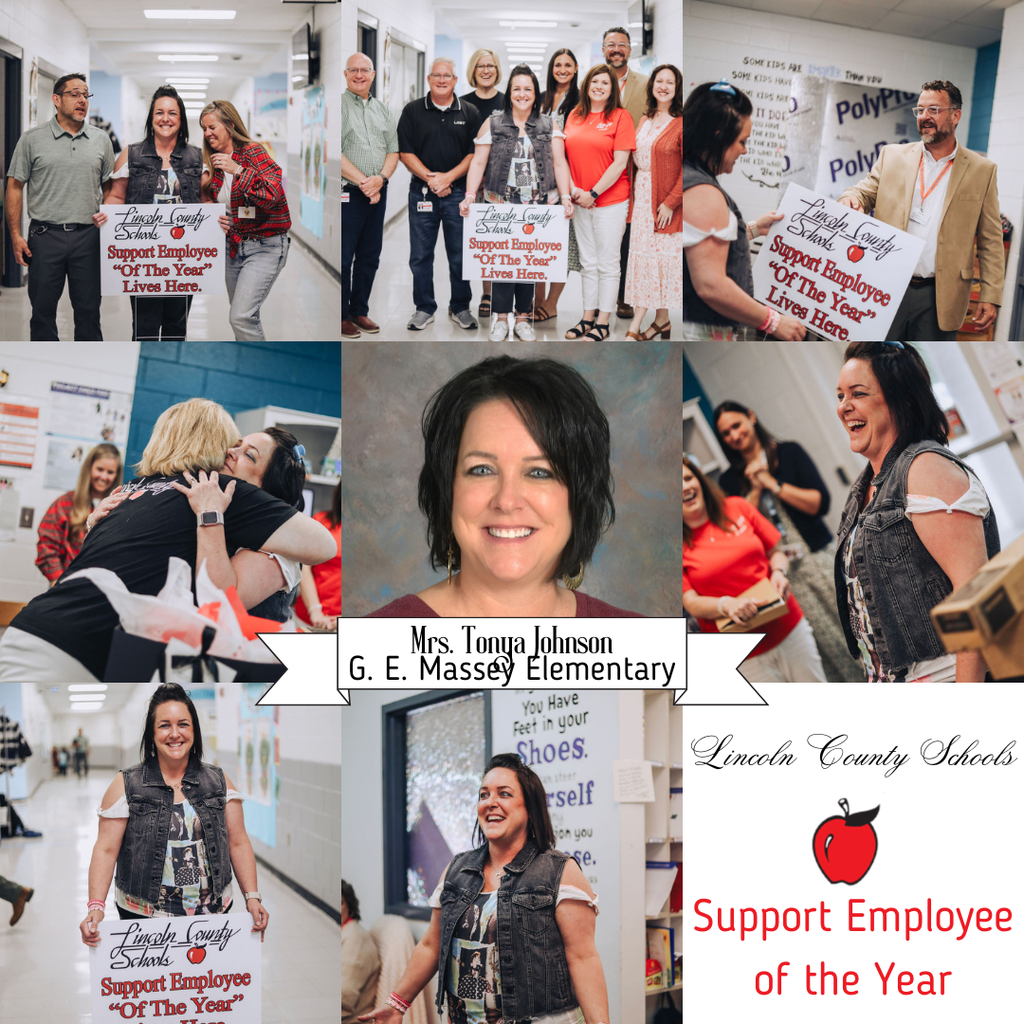 Multiple photos of people holding signs and smiling, one centered featuring a woman, Mrs. Tammy Johnson, with text "Support Employee of the Year".