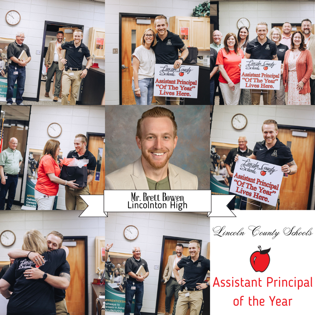 Multiple photos of people celebrating, one person in the center with a sign "Assistant Principal of the Year".