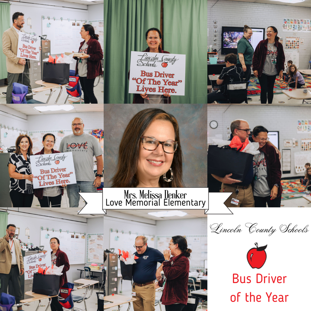 Collage of people holding signs and celebrating in a classroom. Central photo features a smiling woman in glasses. Text reads "Bus Driver of the Year".