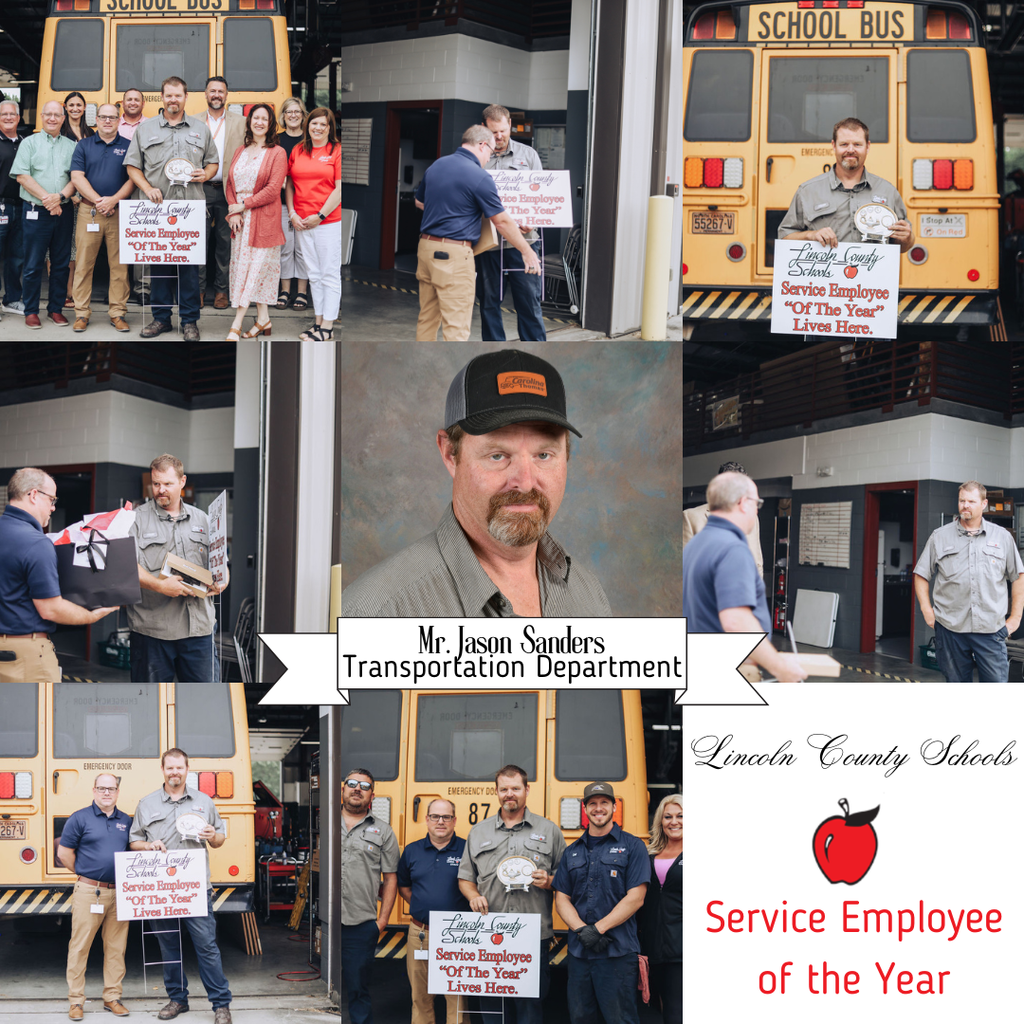 Multiple images of people holding signs and standing with a bus in the background. One image shows a man holding an award.