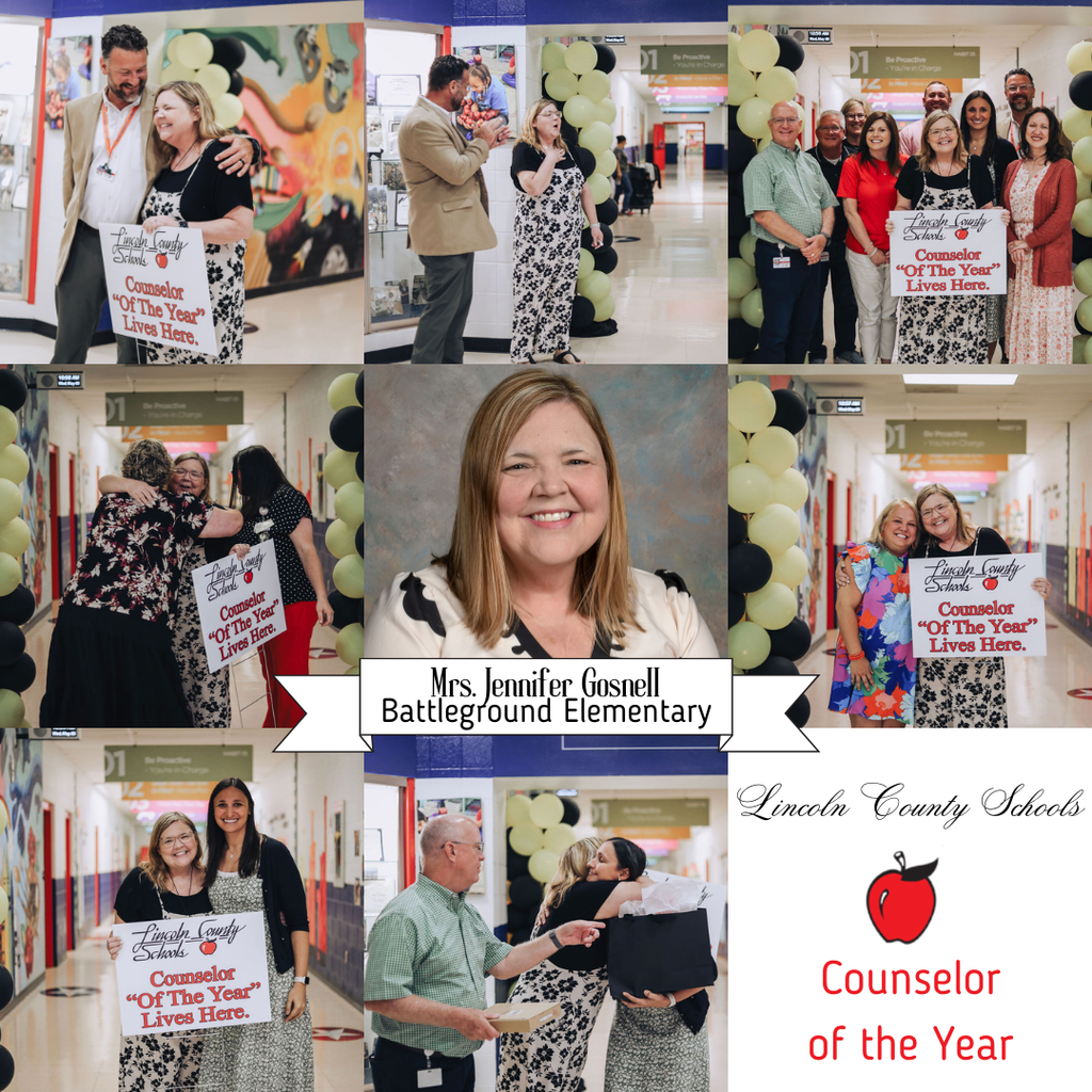 A collage of photos celebrating a teacher with signs reading "Counselor of the Year" and "Lincoln County Schools" in a corridor.