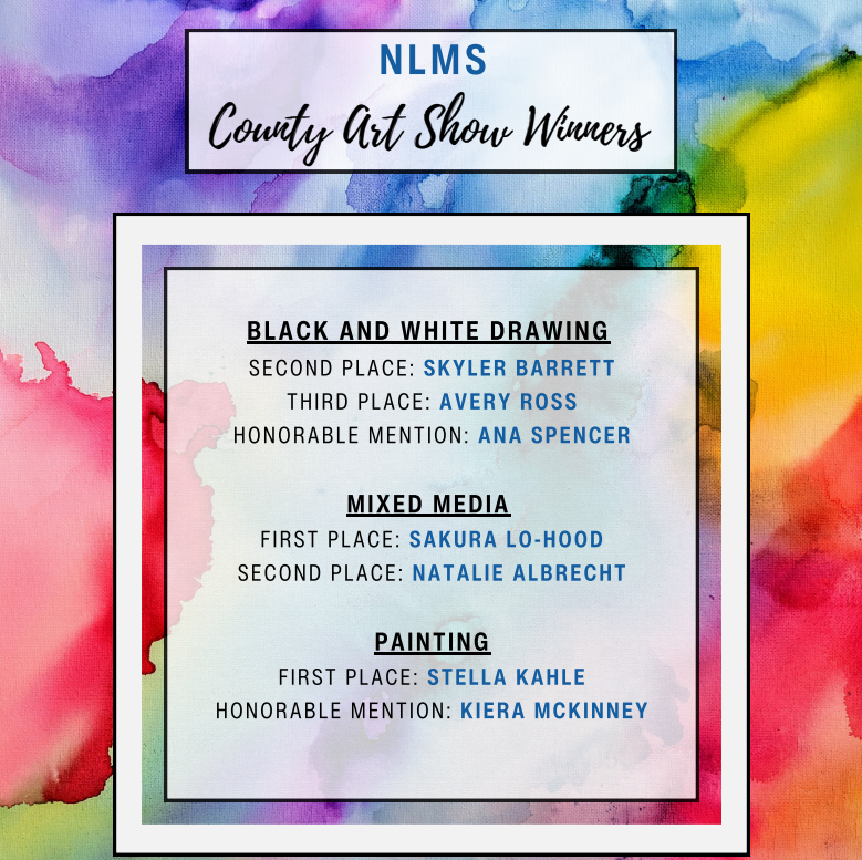 A colorful, abstract background displays text about art show winners. Categories include Black and White Drawing, Mixed Media, and Painting with names listed.