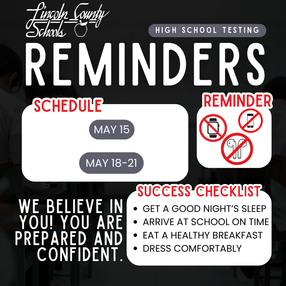 A black background with white text displays "Reminders" and a schedule for May 15 and May 18-21. Icons indicate no cell phones and no smoking.