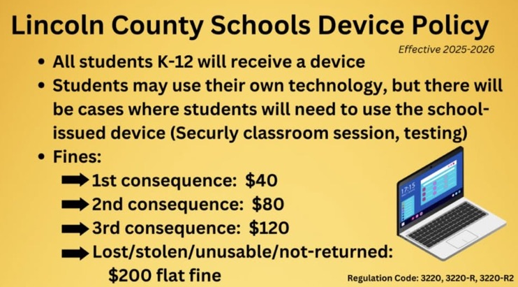 Yellow poster with text: "Lincoln County Schools Device Policy" and an image of a laptop.