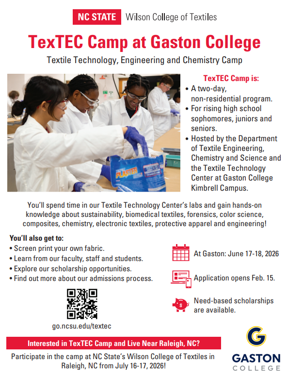 A flyer invites students to TexTEC Camp, featuring three students in lab coats and gloves, with details about dates, location, and activities.