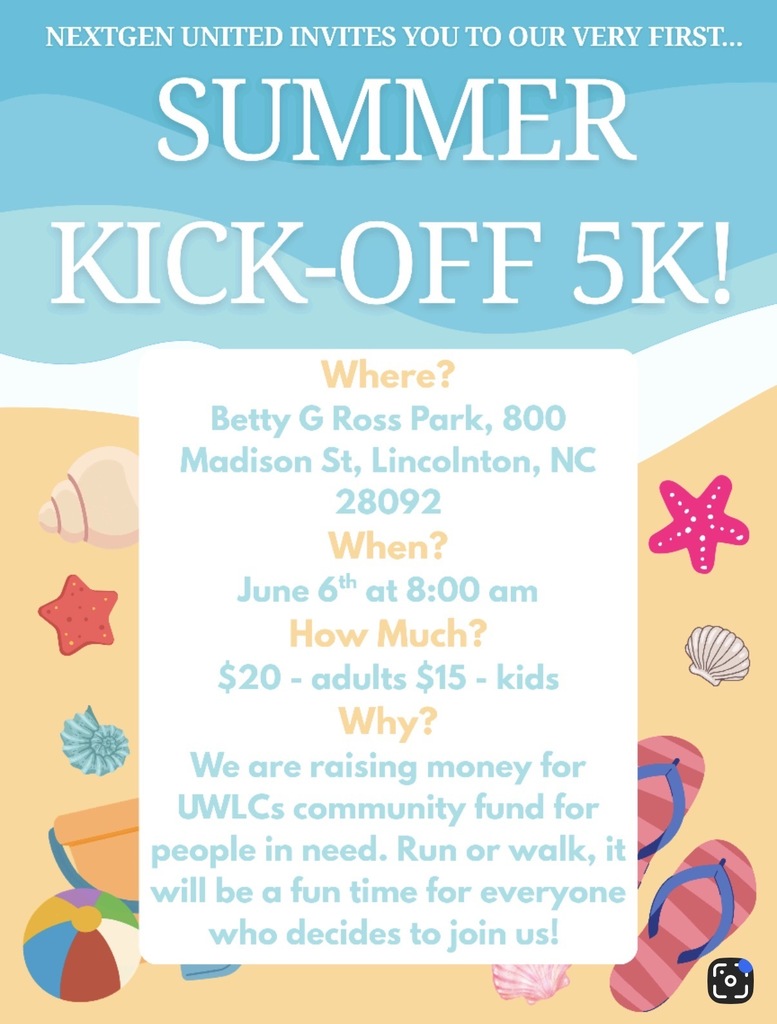Summer Kick-Off 5K flyer with sandy beach background. Event details include date, time, and cost. Event details are at the bottom.