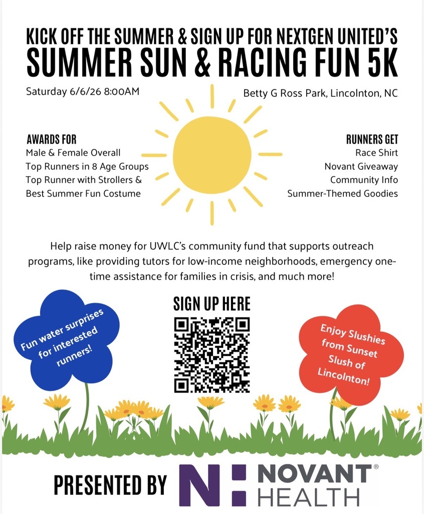 Flyer for the Nextgen United Summer Sun & Racing Fun 5K. Sunny yellow sun with rays. Grass and flowers.