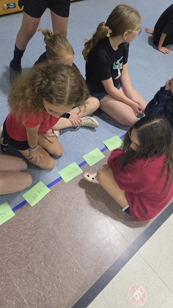 Children sit on the floor, working with green cards on a blue line. One person wears glasses.