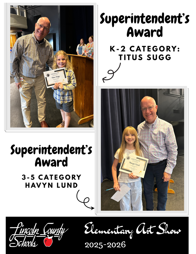 Two images of a boy and girl with certificates standing with a man. Titles read "Superintendent's Award" and "K-2 Category: TITUS SUGG" and "3-5 Category: HAYVN LUND."