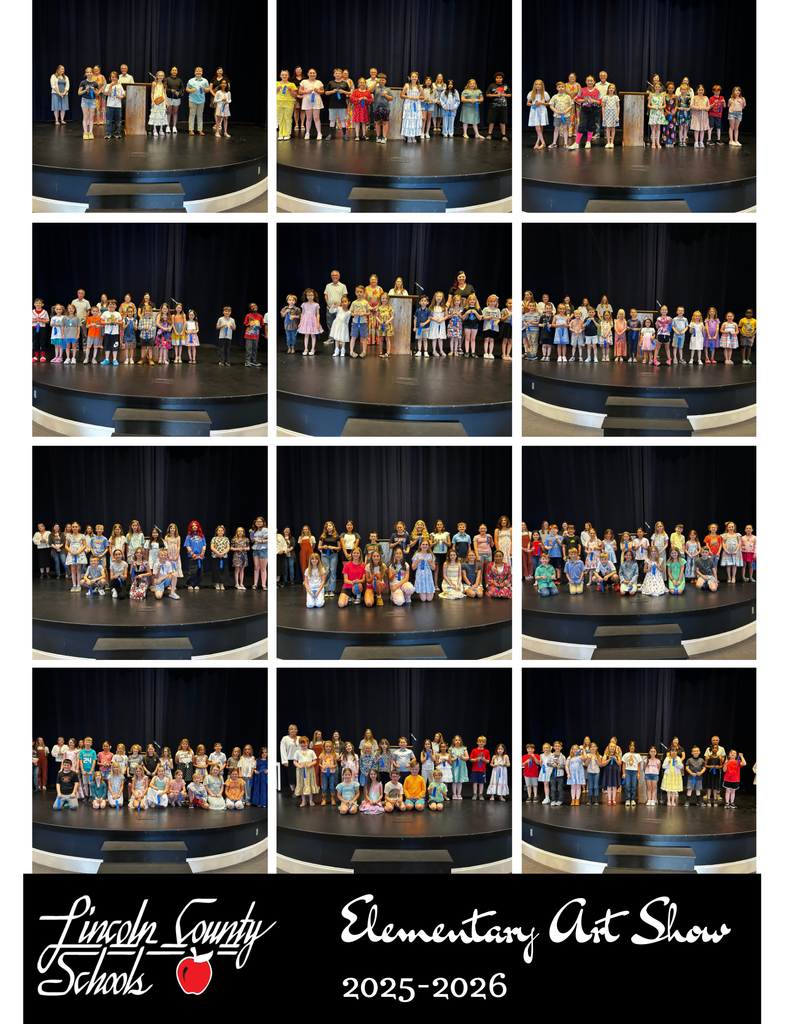Nine panels of children in various poses, one with a teacher. Text reads "Lincoln County Elementary Art Show 2025-2026".