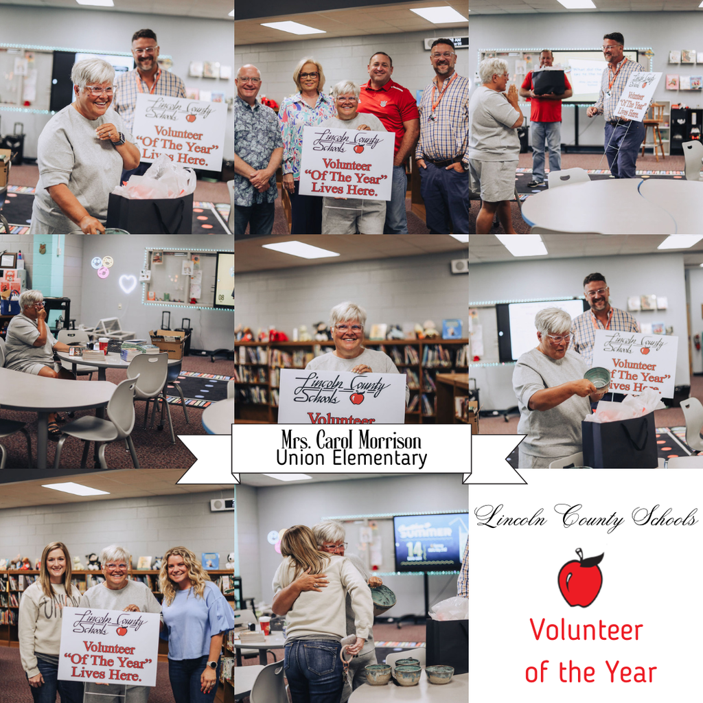 Collage of people in a school holding signs with "Volunteer of the Year" and "Mrs. Carol Morrison".