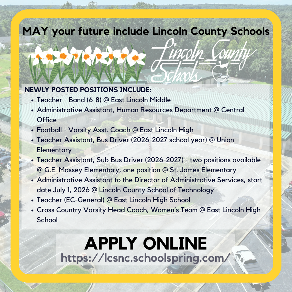 A flyer for Lincoln County Schools, with a road and cars in the background. It lists open positions and directs to an online application.