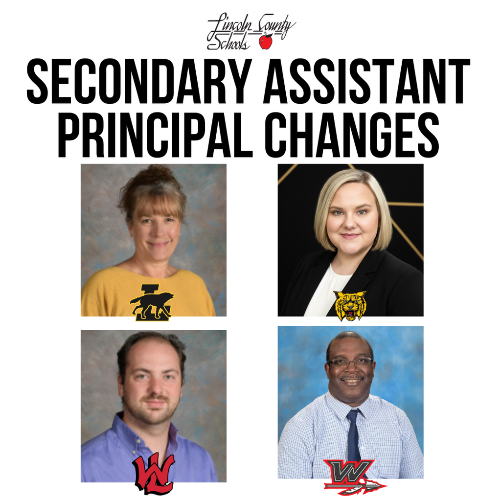 Four people in white and yellow shirts with black borders. Text reads "Secondary Assistant Principal Changes".