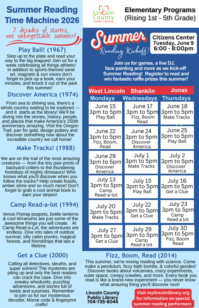 Blue and white poster with text. It features a summer reading program schedule. The schedule includes dates, times, and activities.