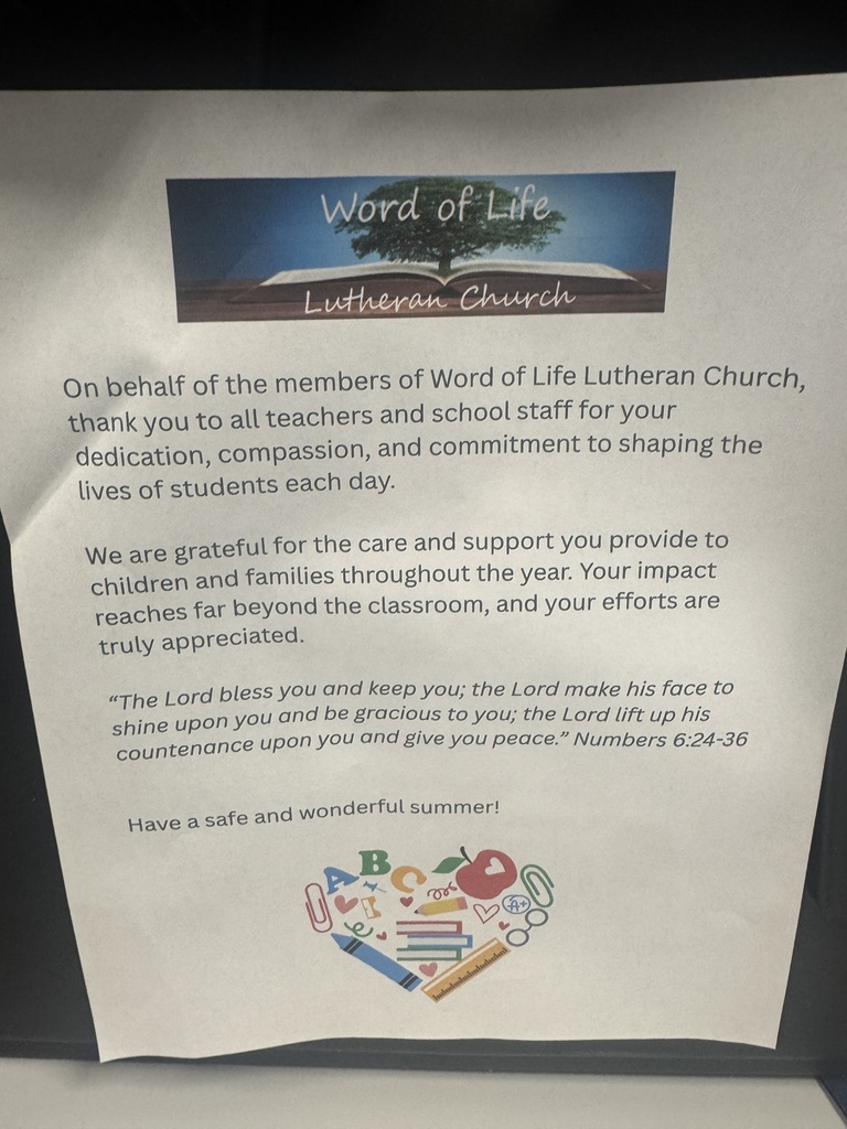 A folded piece of paper displays text thanking teachers and staff for their dedication. The Word of Life Lutheran Church logo appears at the top.
