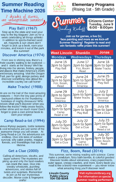 Blue and white flyer displaying "Summer Reading Kickoff" with schedule for June 6 to July 30, including times and activities.
