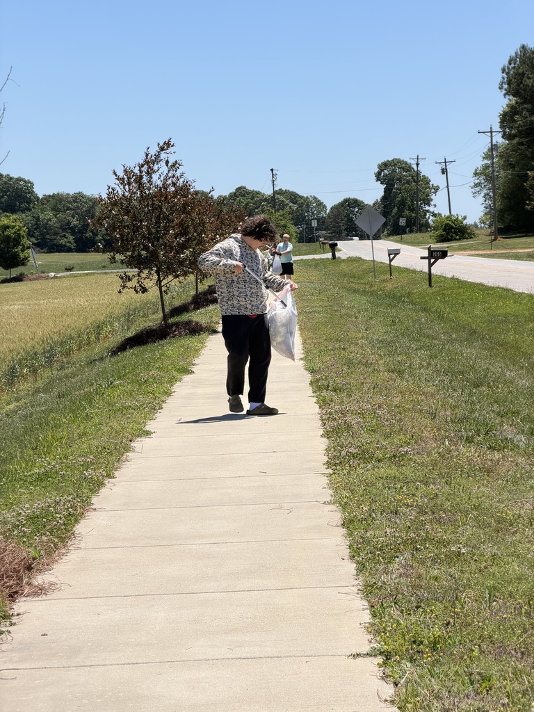 Person walking on a sidewalk holding a white bag, with green grass and trees on either side.