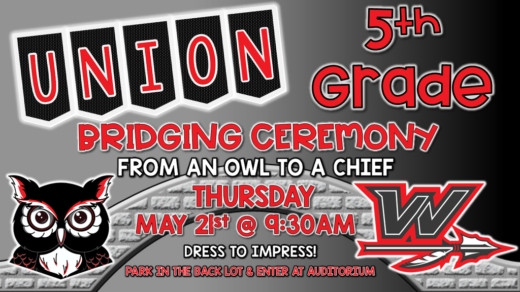 Event poster for the 5th Grade Bridging Ceremony with a black owl and red text on a gray background.