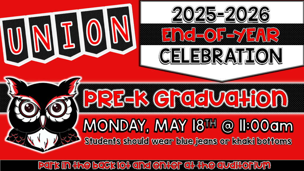 A red and black poster promotes an event with the text "UNION" and "2025-2026 End-of-Year Celebration".
