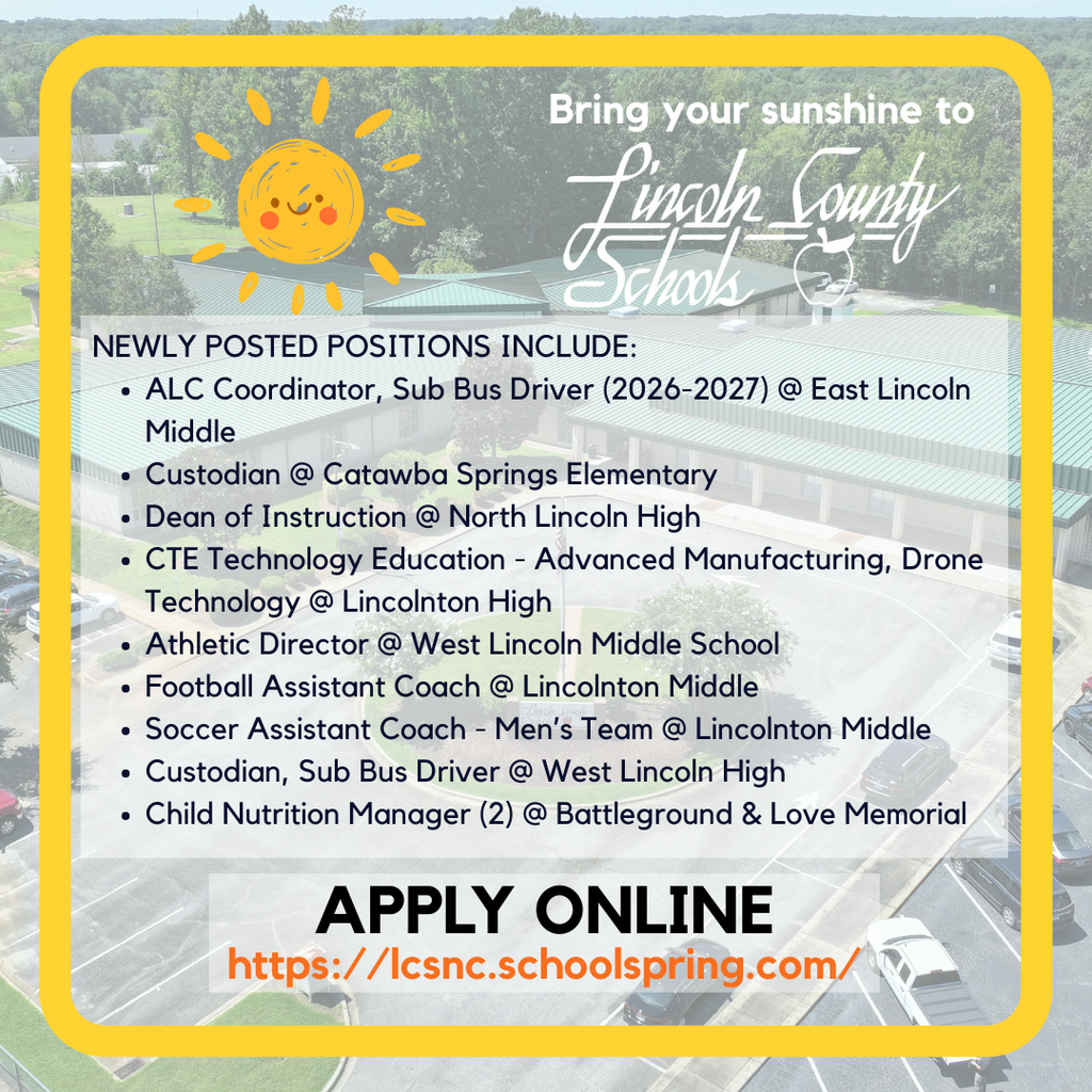 A graphic displays job openings at Lincoln County Schools, including coordinators, custodians, and coaches, with a yellow border.