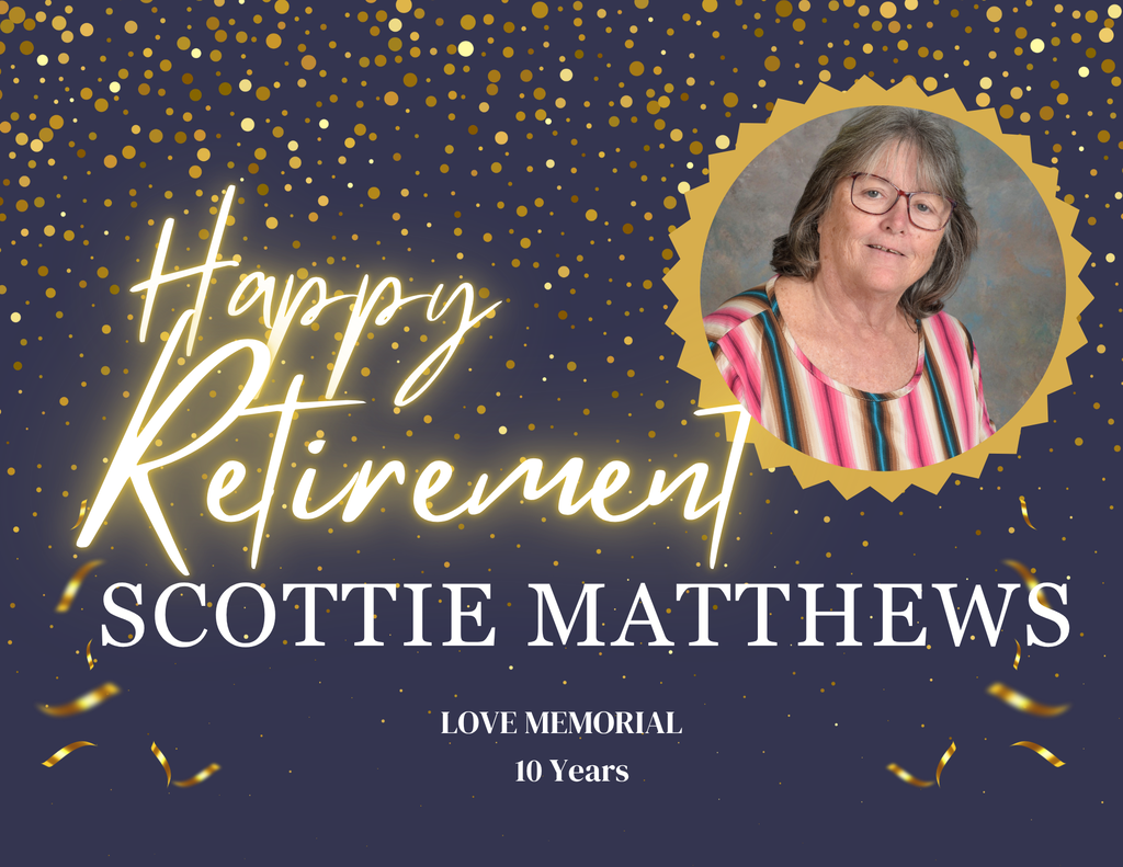 Retirement announcement with a blue background, golden confetti, and a photo of a woman in glasses.